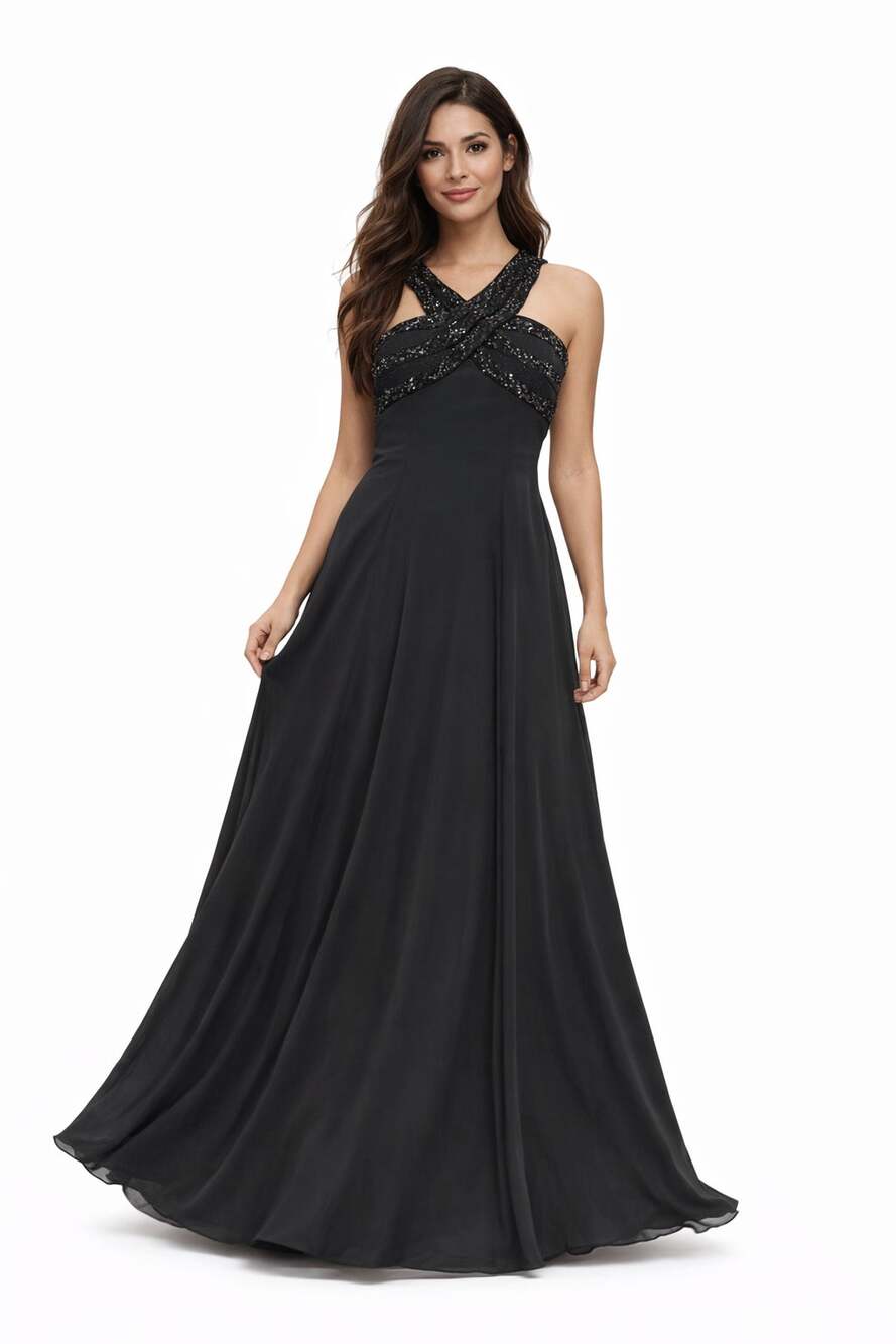 Diane Freis Halter Hand Beaded Maxi Dress Black Size L